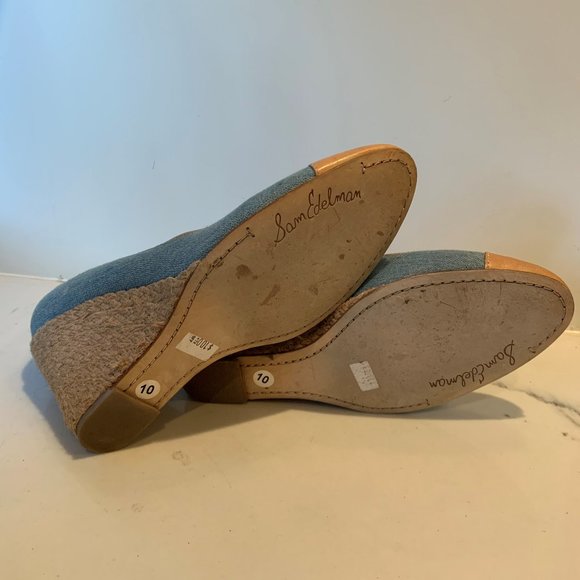 Denim raffia wedges with leather trim - Picture 4 of 9